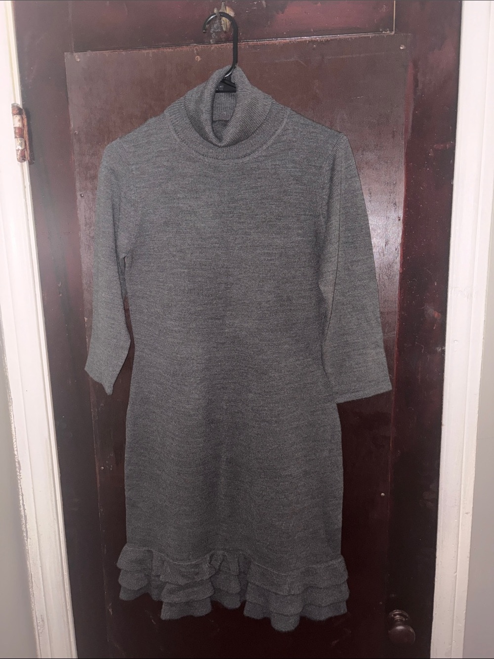 London Times Gray Knit Turtleneck Ruffle-Hem Dress